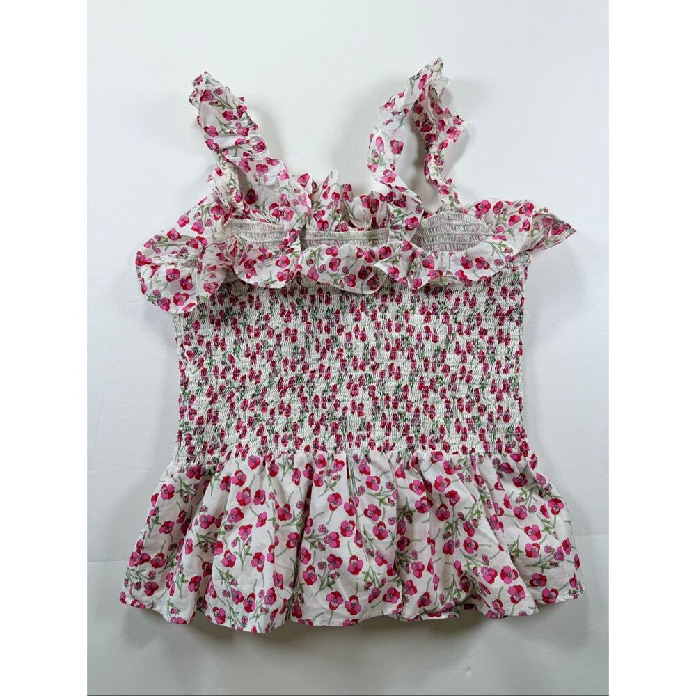 J.Crew Liberty Fabric Floral Smocked Ruffle Top XXS White Pink Cotton Preppy EUC - Picture 2 of 8